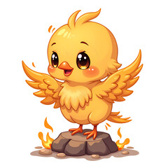 Canvas Print - A cheerful yellow chick spreading its wings amidst playful flames, digital art of character design concept.