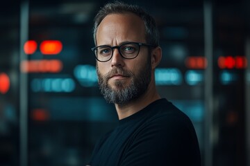 Poster - A serious individual with glasses thoughtfully examines data on screens in a tech environment, representing contemplation and analysis in the digital age.