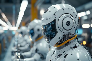 Poster - A line of advanced robots in a futuristic factory environment, illustrating automation, technological progress, and efficient manufacturing processes.