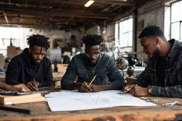 Poster - A group of focused individuals work on design sketches and plans, symbolizing teamwork, creativity, and collaboration in a modern workspace setting.