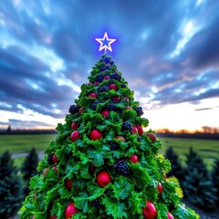  Green and glowing: a christmas tree made of fresh salad with a star topper christmas tree holiday winter festive celebration   