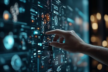 Poster - A hand interacts with a high-tech digital screen interface, capturing the essence of human interaction with futuristic technology and user-friendly design.
