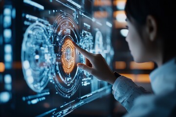 Poster - A scientific expert engages with a futuristic computing hologram, deftly navigating through complex data, showcasing advanced and innovative technology.
