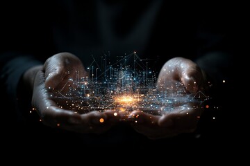 Poster - Two hands are cupped, presenting a digital hologram of a cityscape with intricate lights and networked connections, symbolizing technology and innovation in urban life.