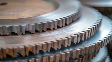 Poster - Close-Up View of Circular Metal Saw Blades Stacked in a Workshop Setting, Showcasing Sharp Teeth and Precision Engineering for Cutting Applications