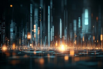 Poster - A breathtaking cityscape with digital elements shimmering amid towering skyscrapers, symbolizing the fusion of traditional architecture and futuristic technology.