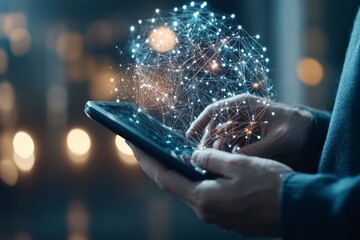 Poster - A person interacts with a digital, networked hologram via a smartphone, symbolizing technology's integration into daily life and advancing communication.