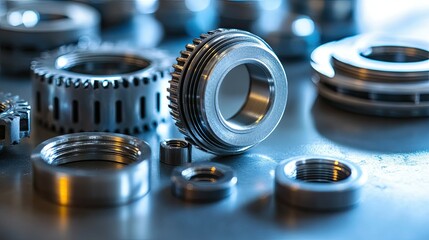Poster - Close-Up View of Precision Engine Parts and Metallic Components on a Workshop Table with Soft Lighting and Glints of Reflection