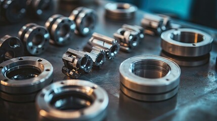 Poster - Close-Up View of Various Industrial Machine Parts and Precision Components on a Workbench in a Manufacturing Facility