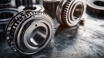 Poster - Close-Up of Shiny Metallic Gears and Mechanical Parts on Industrial Surface, Emphasizing Precision Engineering and Modern Technology in Manufacturing Processes