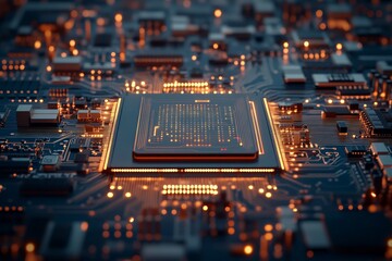 Poster - A close-up view of a cutting-edge microchip embedded on an electronic circuit, symbolizing advanced technology and precision engineering in the digital era.