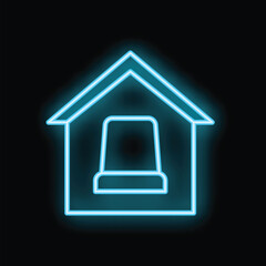 Poster - Blue neon icon of a smart home security system glowing on a black background