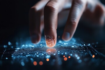 Poster - A human finger gently interacts with a digital interface, symbolizing technological connectivity and futuristic innovation set against a dark background.