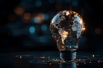 Poster - An innovative representation of a light bulb shaped world map, illustrating global connectivity and modern technological advancements in a creative, artistic manner.