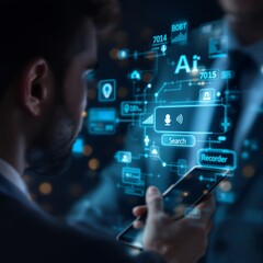 Poster - Businessman Engaging in AI-Powered Voice Recording Conversation with Smartphone for Effortless Information Access