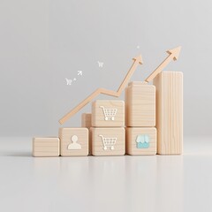 Poster - Wooden Cubes Featuring Shopping Cart Icons with an Increasing Trend Graph Symbolizing Growth in E-commerce Sales and Marketing Strategies