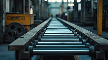 Poster - A Close-Up View of a Heavy-Duty Industrial Roller Conveyor in a Modern Manufacturing Facility, Highlighting the Precision Engineering and Sturdy Construction of Operational Equipment