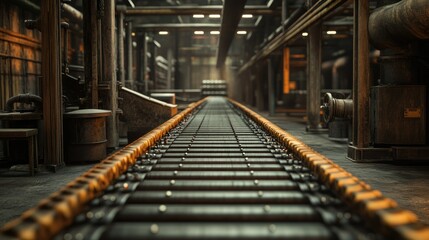Poster - Industrial Interior with Long Conveyor Belt in a Factory Setting, Conveying Products through a Spacious Manufacturing Environment Filled with Machinery and Equipment