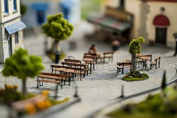 Cobblestone plaza filled with miniature tables and trees