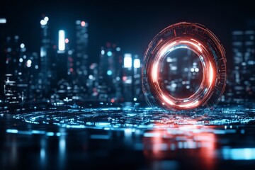 Poster - A digital, glowing ring is floating amidst a blurry futuristic city skyline, symbolizing advanced technology and the endless possibilities of digital innovation.