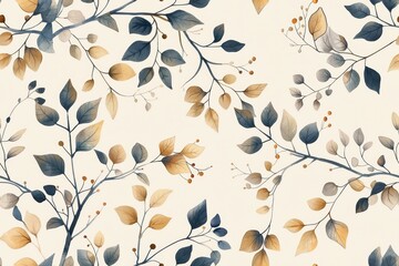 Poster - Elegant Seamless Pattern with Sparse Floral Elements in Brown and Green Hues on a Creamy Background for Versatile Design Use