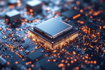 Poster - An up-close view of a microchip surrounded by brightly illuminated electronic circuits, highlighting the intricate design of modern technology and engineering marvels.