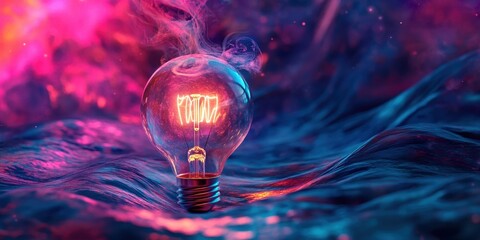 Poster - Vibrant Light Bulb Illuminating with Colorful Reflections in a Fluid Environment, Captured in a Stunning Watercolor Style Illustration