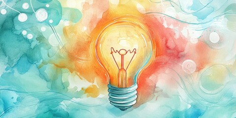 Poster - Bright and Colorful Abstract Watercolor Illustration of a Light Bulb Surrounded by Dynamic Swirls and Colorful Background Elements