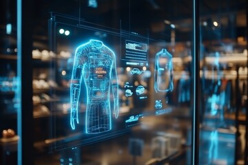 Poster - An interactive holographic screen showcasing digital fashion design, blending creative art with cutting-edge technology in the conceptualization of modern attire.