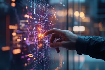 Poster - A human hand engaging with a vibrant digital interface, illustrating the blend of tactile interaction and cutting-edge technology in a connected world vision.