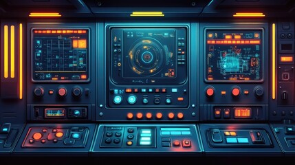 Poster - Futuristic Control Panel with Neon Lights and High-Tech Displays for Sci-Fi Concepts and Digital Technology Backgrounds