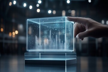 Poster - a transparent cube with a futuristic display of holographic bar graphs, showcasing digital data visu