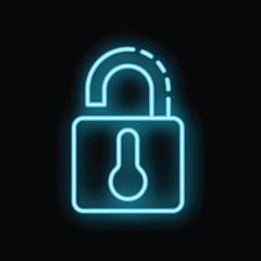 Poster - Bright blue neon open padlock icon glowing on a black background, representing digital security concepts