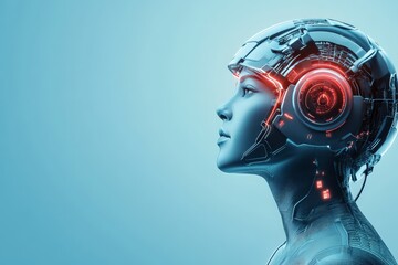Poster - A sleek, silver robotic head with glowing red cybernetic components offering a vision of future robotics and AI technology. The digital age in full display.