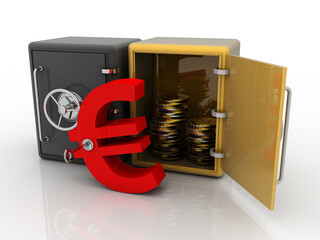 Poster - 

3D rendering euro currency symbol with gold coin near locker