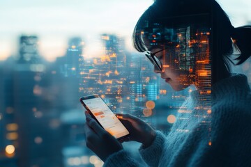 Poster - A woman stands near an urban window view with a smartphone in hand, surrounded by a digital overlay depicting data streaming in a futuristic urban environment.