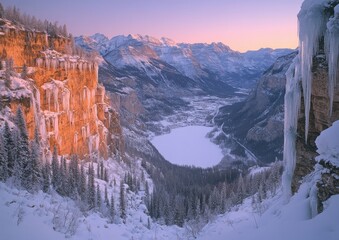 Canvas Print - Majestic Winter Landscape Featuring Frozen Lake, Snowy Mountains, Icy Cliffs, Pine Trees, Sunset Glow, Serene Nature Scene, Winter Wonderland Beauty