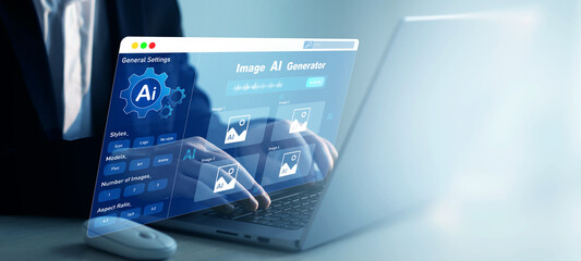 Person using AI software to generate images with futuristic platform user interface. Image AI generator conceptArtificial Intelligence Image Content Generator.AI image creation service technology.	
