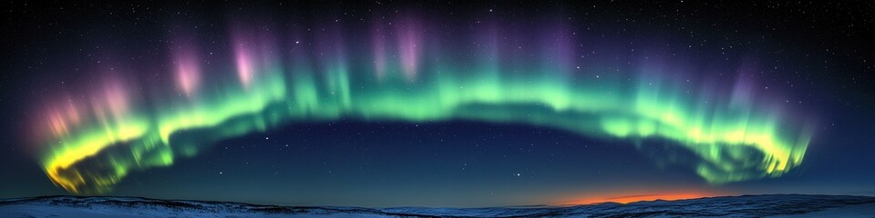 Poster - Northern Lights Aurora Borealis over Snowy Landscape with Vibrant Green and Purple Colors Illuminating Night Sky in Arctic Region Beautiful Natural Phenomenon