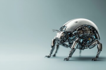 Poster - The image displays a metallic robotic beetle, featuring complex mechanical components, symbolizing advanced technology and engineering innovation.
