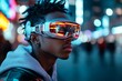 © Odin AI - A person wearing a high-tech headset in a vibrant urban setting, capturing the futuristic blend of technology and everyday life vividly with neon lights.