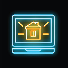 Poster - Neon laptop showing a house with glowing lines representing a secure internet connection for smart home technology