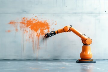 Poster - A robotic arm is depicted painting a wall in bright orange, symbolizing industrial automation and technological advancement. The image captures motion and creativity.