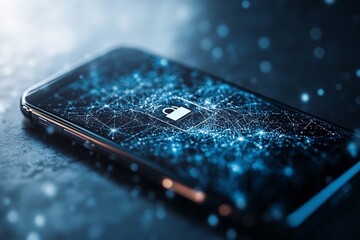 Poster - A smartphone display shows a digital lock screen amidst a backdrop of complex data visuals, emphasizing security, connectivity, and modern digital communication.