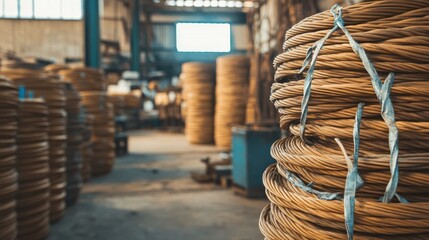 Poster - Coiled Copper Wire in Industrial Warehouse Setting Featuring Large Spools and Soft Lighting Creating a Dynamic Atmosphere for Manufacturing and Production Environments