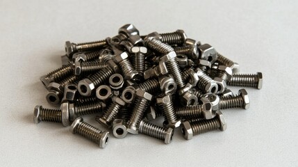 Poster - Close-Up View of a Pile of Metal Bolts and Nuts in Various Sizes on a Smooth Gray Surface for Industrial and Construction Use
