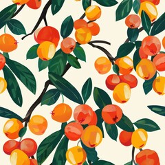 Poster - Minimal Seamless Pattern Featuring Vibrant Ackee Fruit with Green Leaves on a Cream Background, Ideal for Fabric Prints, Wallpapers, and Interior Design Projects