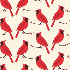 Poster - Seamless Minimal Pattern Featuring Vibrant Red Cardinals on a Soft Beige Background Ideal for Fabric Design and Creative Projects