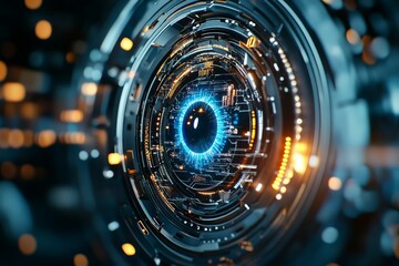 Poster - A futuristic digital eye is depicted with intricate glowing blue and orange patterns, symbolizing surveillance, vision, and advanced technology concepts.
