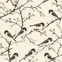 Poster - Minimalist Seamless Pattern Featuring Sparrows on Delicate Branches with Soft Floral Accents Ideal for Fabric Design or Craft Projects